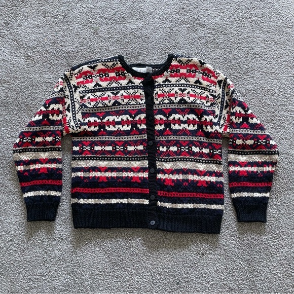 Vintage Sweaters - First Issue Hand Knit Cardigan Sweater Small Nordic Fair Isle Grandma Sweater